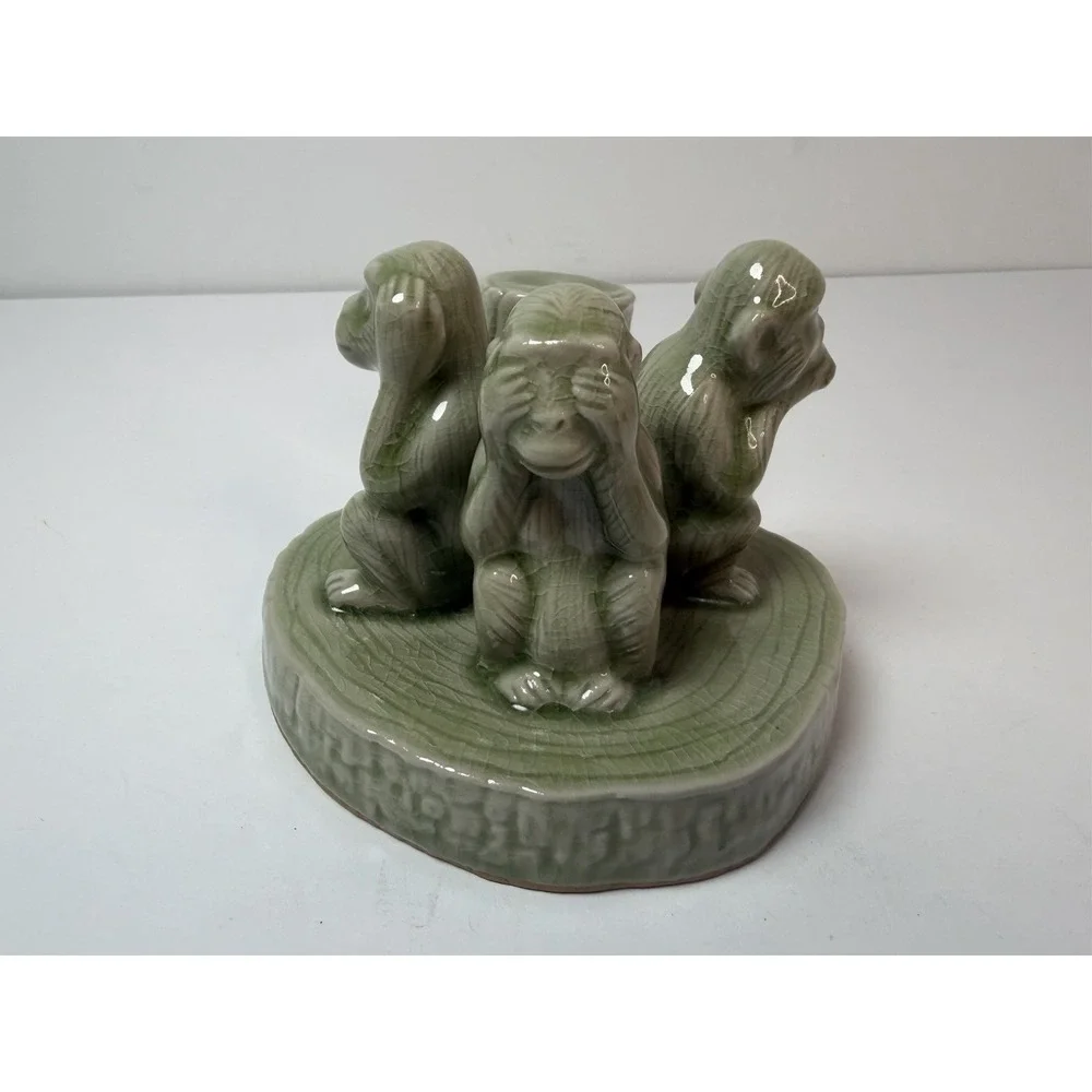 Novica‎ Collection Hear Speak See No Evil Monkey Apes Thailand Vintage Green